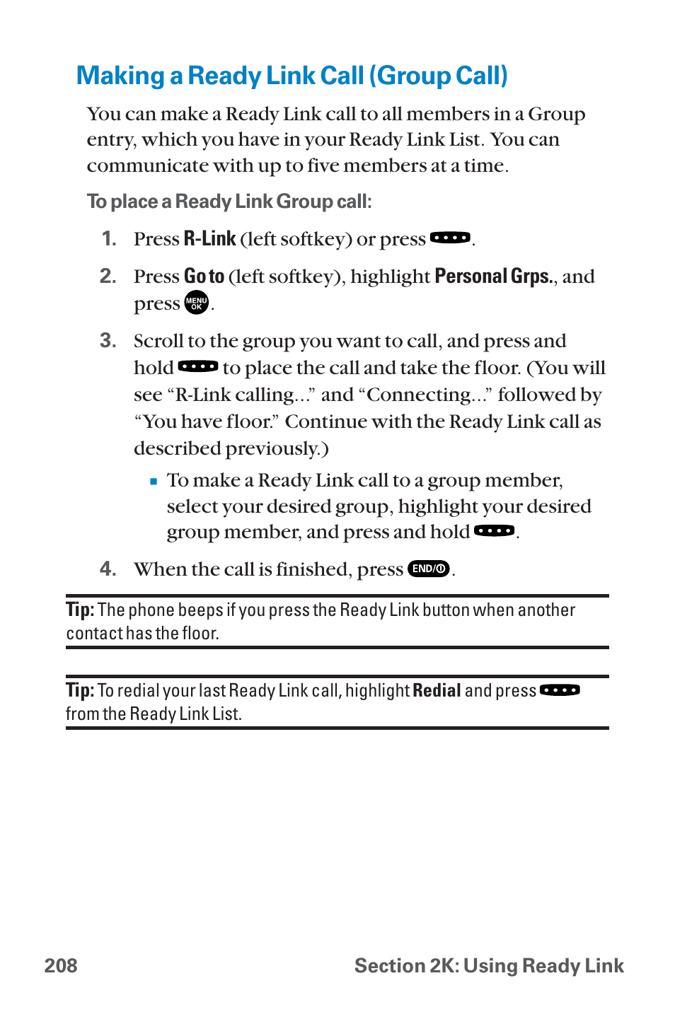 Making a ready link call (gr, Making a ready link call (group call) | Sanyo QWEST SCP-8300 User Manual | Page 224 / 310