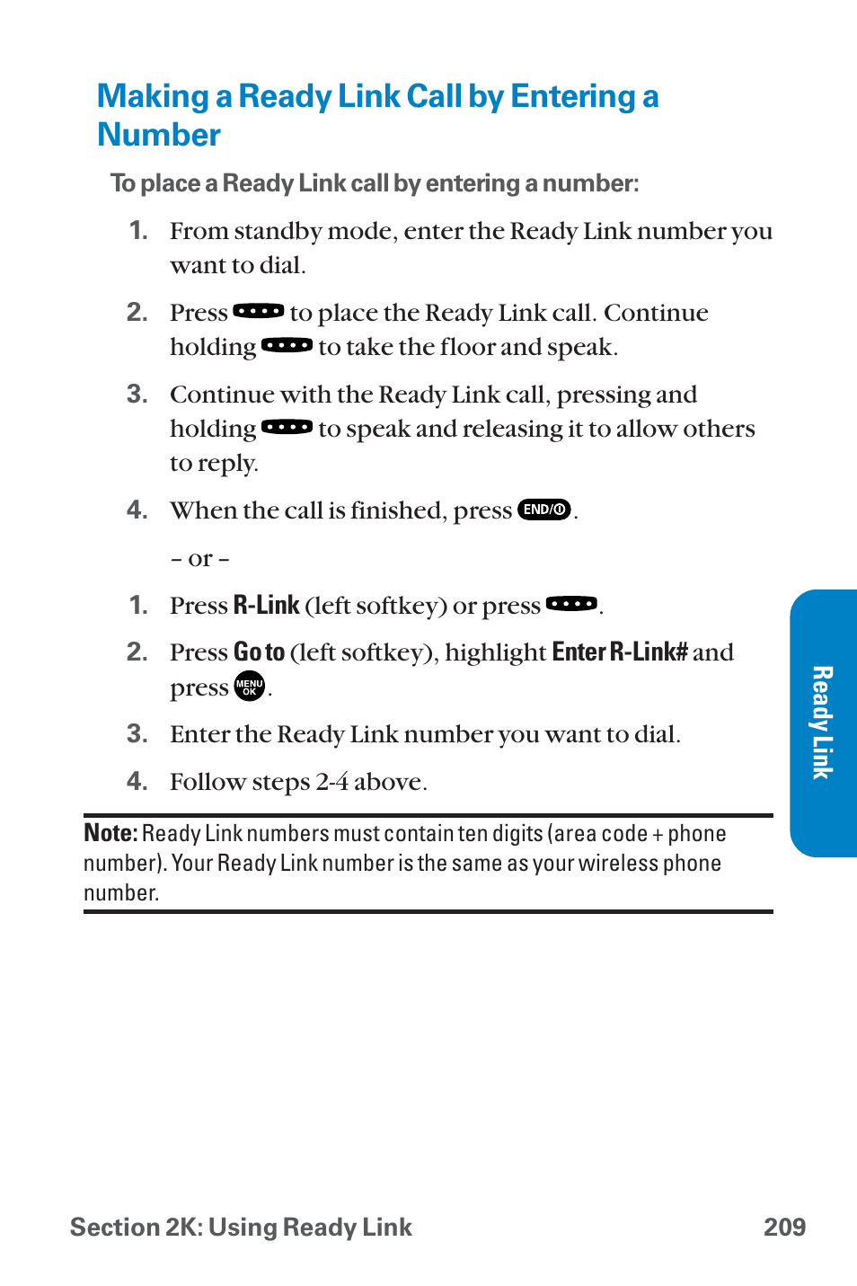 Making a ready link call by, Making a ready link call by entering a number | Sanyo QWEST SCP-8300 User Manual | Page 225 / 310