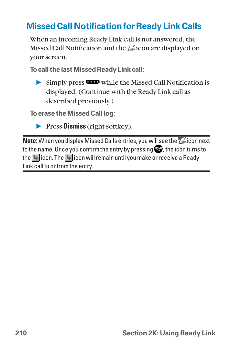 Missed call notification for, Missed call notification for ready link calls | Sanyo QWEST SCP-8300 User Manual | Page 226 / 310