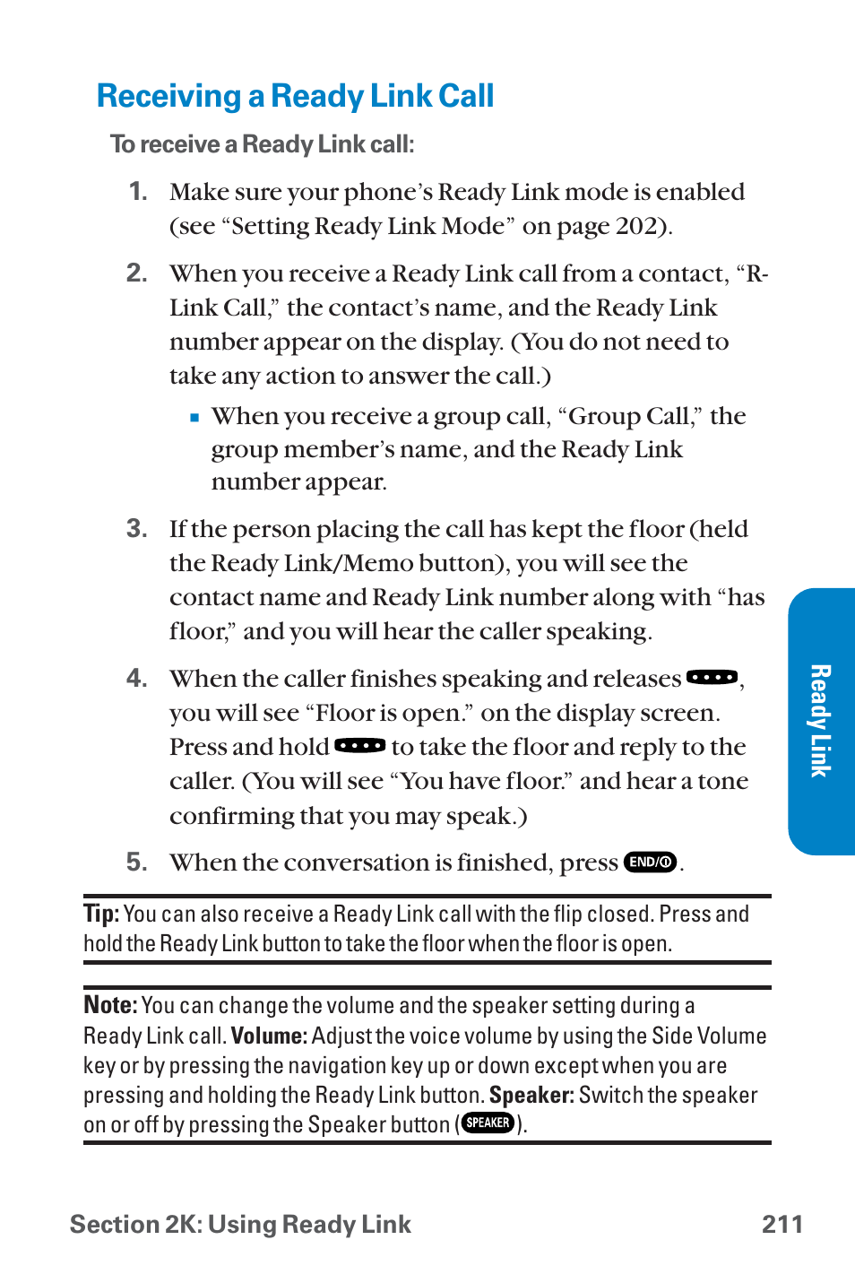 Receiving a ready link call | Sanyo QWEST SCP-8300 User Manual | Page 227 / 310