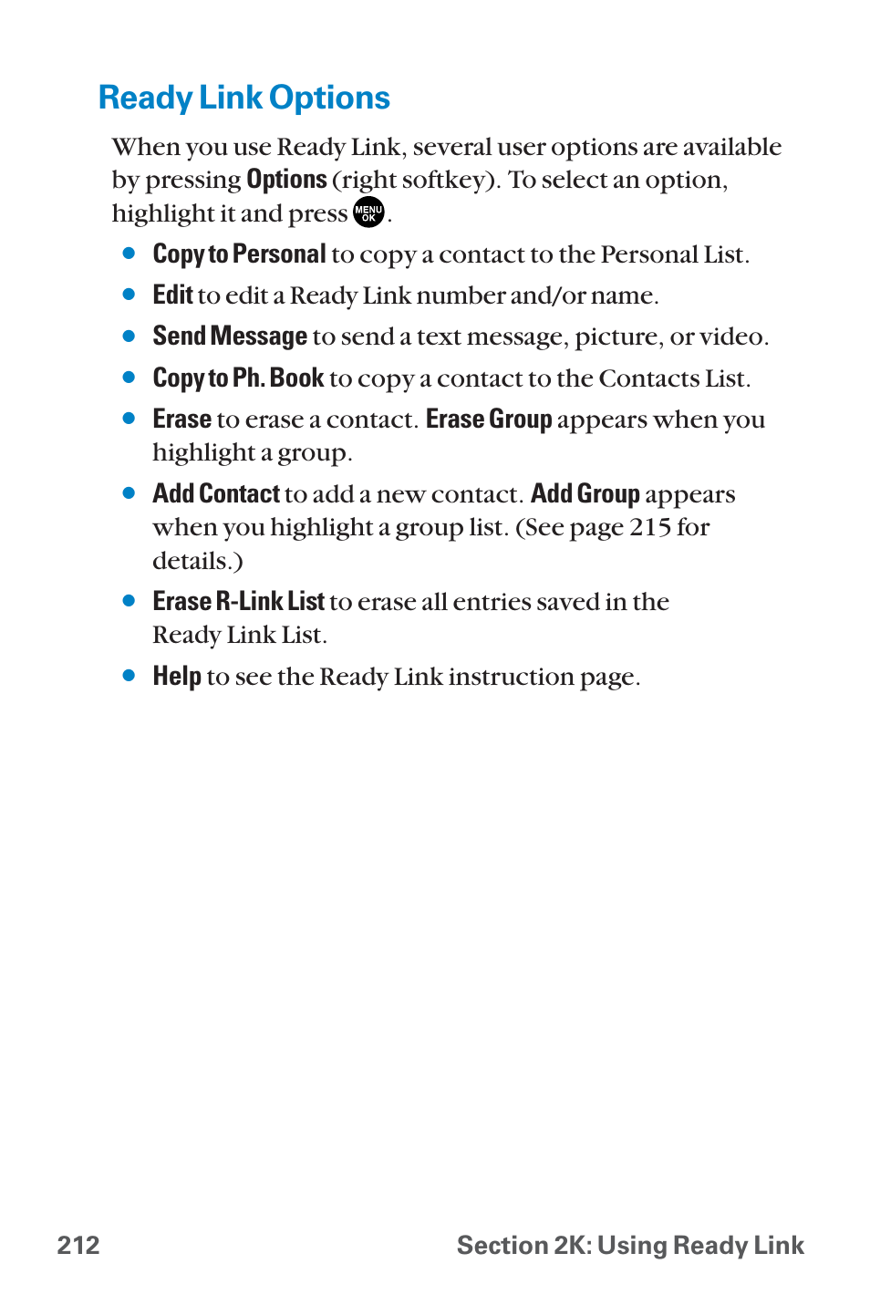 Ready link options, Edit to edit a ready link number and/or name, Help to see the ready link instruction page | Sanyo QWEST SCP-8300 User Manual | Page 228 / 310