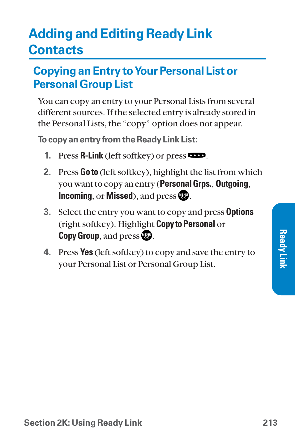 Adding and editing ready lin, Copying an entry to your per, Adding and editing ready link contacts | Sanyo QWEST SCP-8300 User Manual | Page 229 / 310