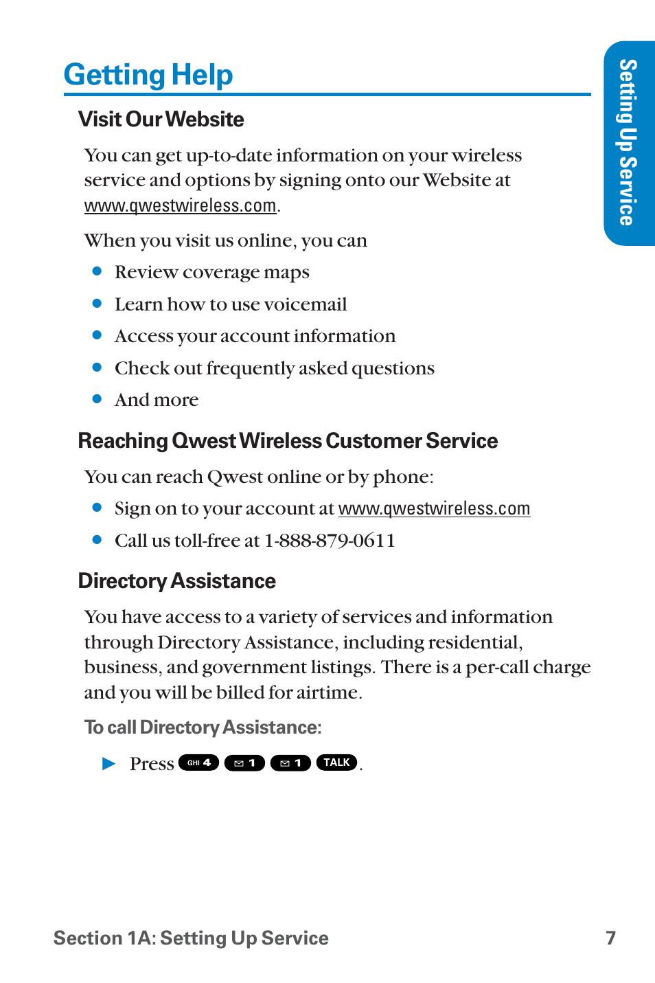 Getting help, Setting up service, Visit our website | Reaching qwest wireless customer service, Directory assistance | Sanyo QWEST SCP-8300 User Manual | Page 23 / 310