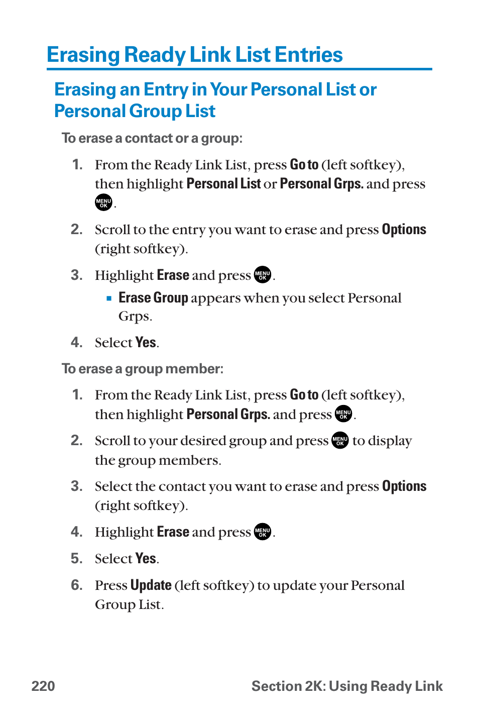 Erasing ready link list entries, Erasing an entry in your per | Sanyo QWEST SCP-8300 User Manual | Page 236 / 310