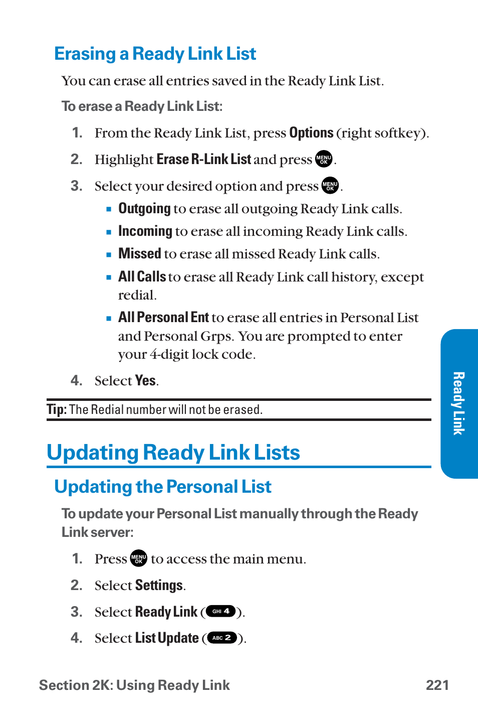 Erasing a ready link list, Updating ready link lists, Updating the personal list | Sanyo QWEST SCP-8300 User Manual | Page 237 / 310