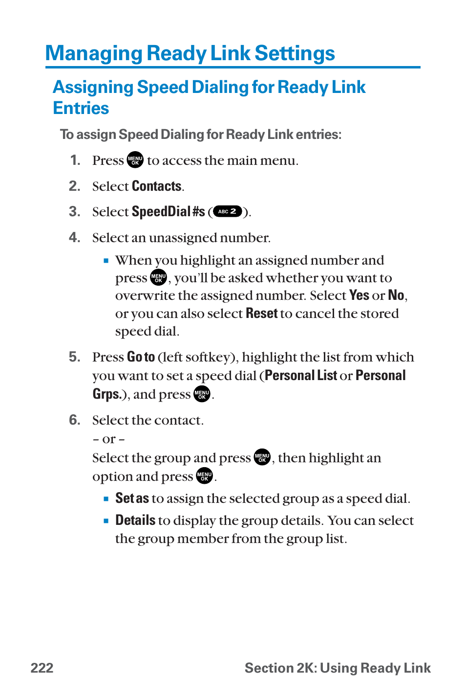 Managing ready link settings, Assigning speed dialing for, Assigning speed dialing for ready link entries | Sanyo QWEST SCP-8300 User Manual | Page 238 / 310