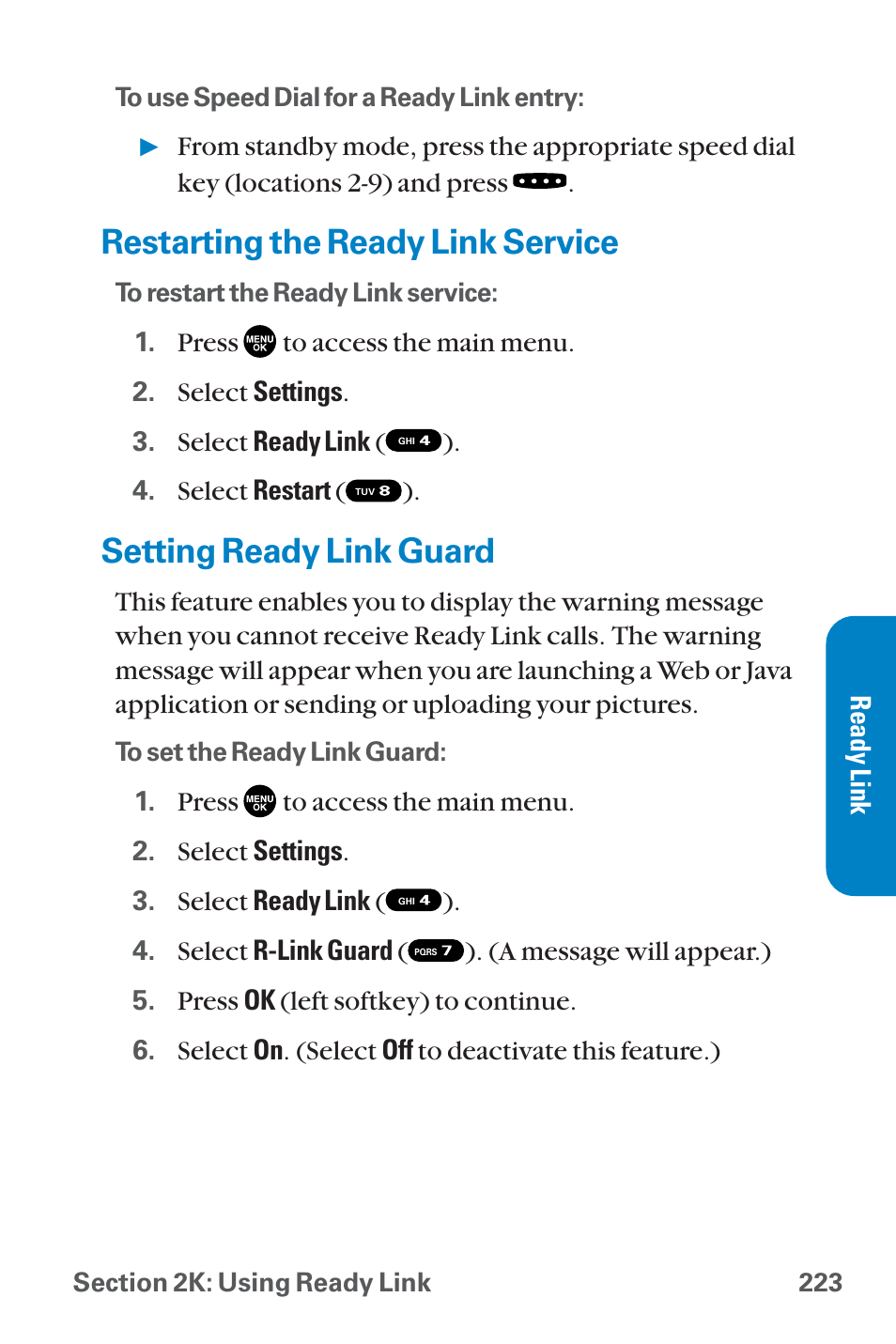 Restarting the ready link se, Setting ready link guard, Restarting the ready link service | Sanyo QWEST SCP-8300 User Manual | Page 239 / 310