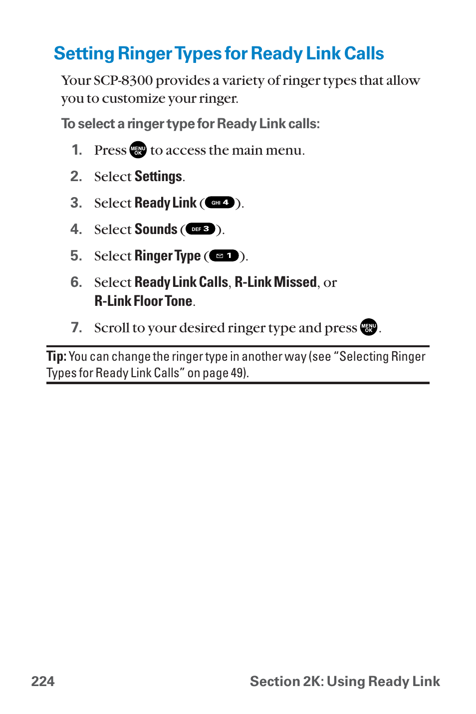 Setting ringer types for rea, Setting ringer types for ready link calls | Sanyo QWEST SCP-8300 User Manual | Page 240 / 310