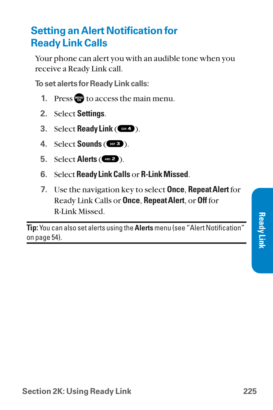Setting an alert notificatio, Setting an alert notification for ready link calls | Sanyo QWEST SCP-8300 User Manual | Page 241 / 310