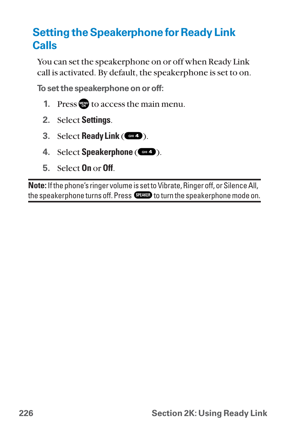 Setting the speakerphone for, Setting the speakerphone for ready link calls | Sanyo QWEST SCP-8300 User Manual | Page 242 / 310