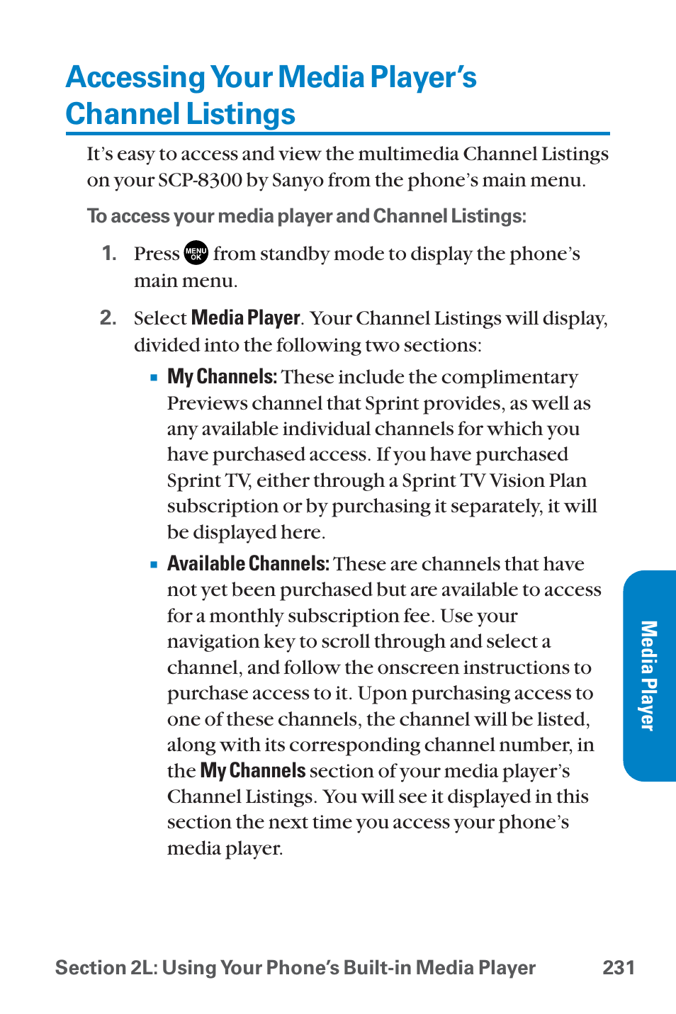 Accessing your media player, Accessing your media player’s channel listings | Sanyo QWEST SCP-8300 User Manual | Page 247 / 310