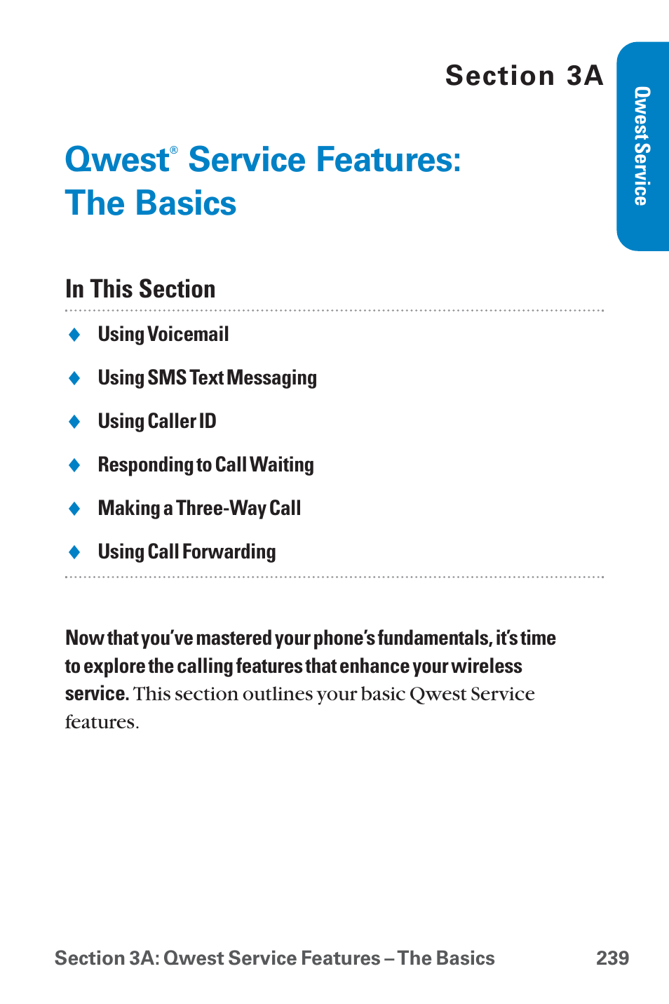 Qwest service features: the, Qwest service features: the basics, Qwest | Service features: the basics | Sanyo QWEST SCP-8300 User Manual | Page 255 / 310