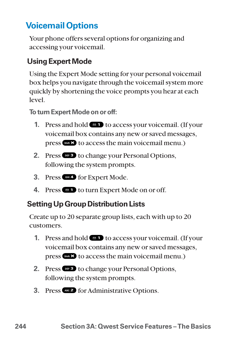Voicemail options, Using expert mode, Setting up group distribution lists | Sanyo QWEST SCP-8300 User Manual | Page 260 / 310