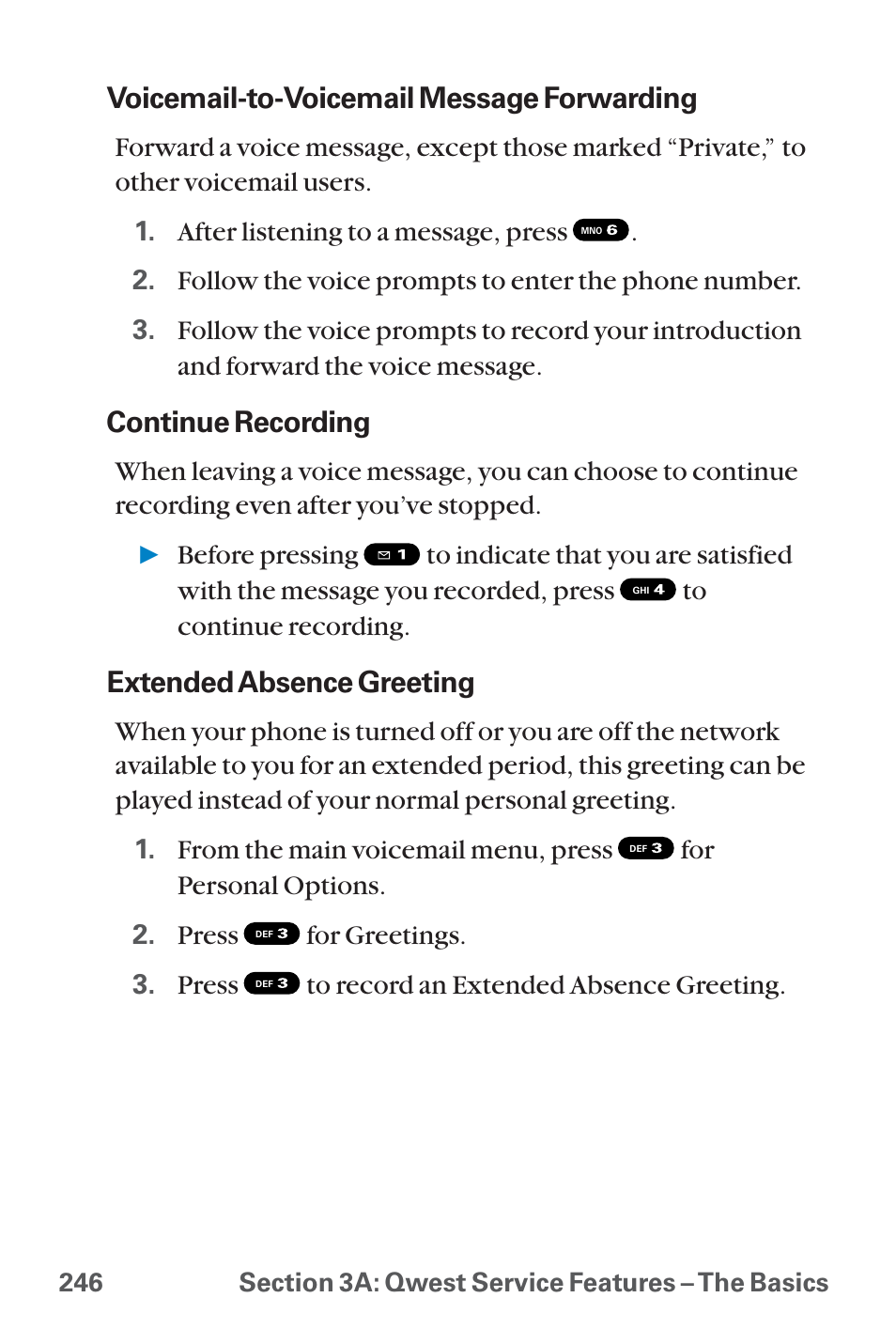 Voicemail-to-voicemail message forwarding, Continue recording, Extended absence greeting | Sanyo QWEST SCP-8300 User Manual | Page 262 / 310
