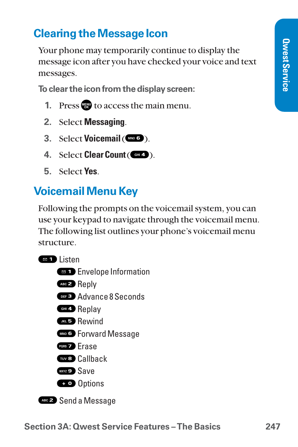 Clearing the message icon, Voicemail menu key, Qwest service | Sanyo QWEST SCP-8300 User Manual | Page 263 / 310