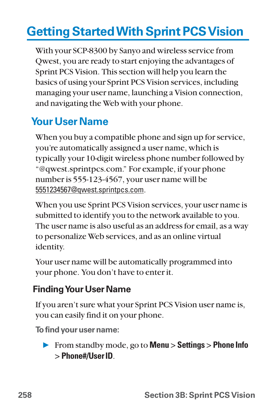 Getting started with sprint, Your user name, Getting started with sprint pcs vision | Sanyo QWEST SCP-8300 User Manual | Page 274 / 310