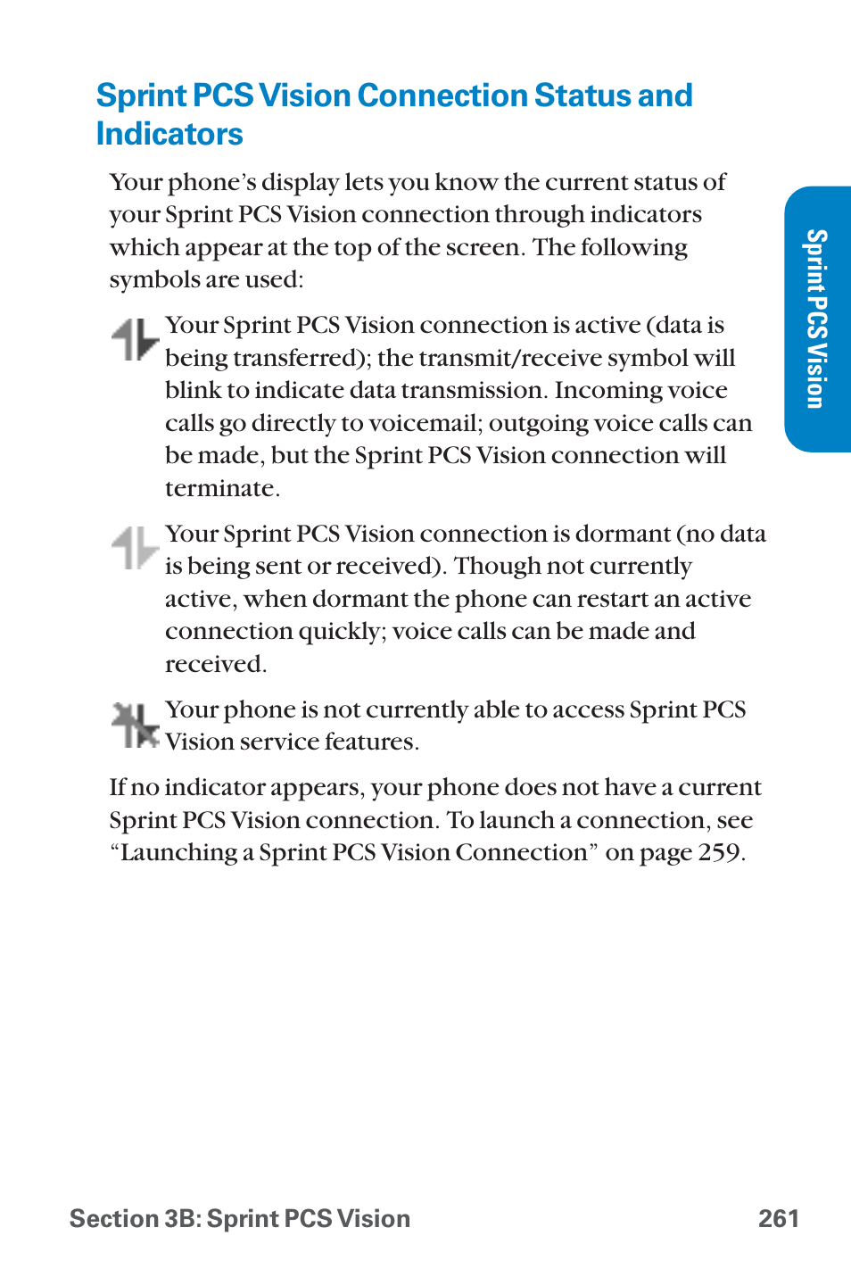 Sprint pcs vision connection, Sprint pcs vision connection status and indicators | Sanyo QWEST SCP-8300 User Manual | Page 277 / 310