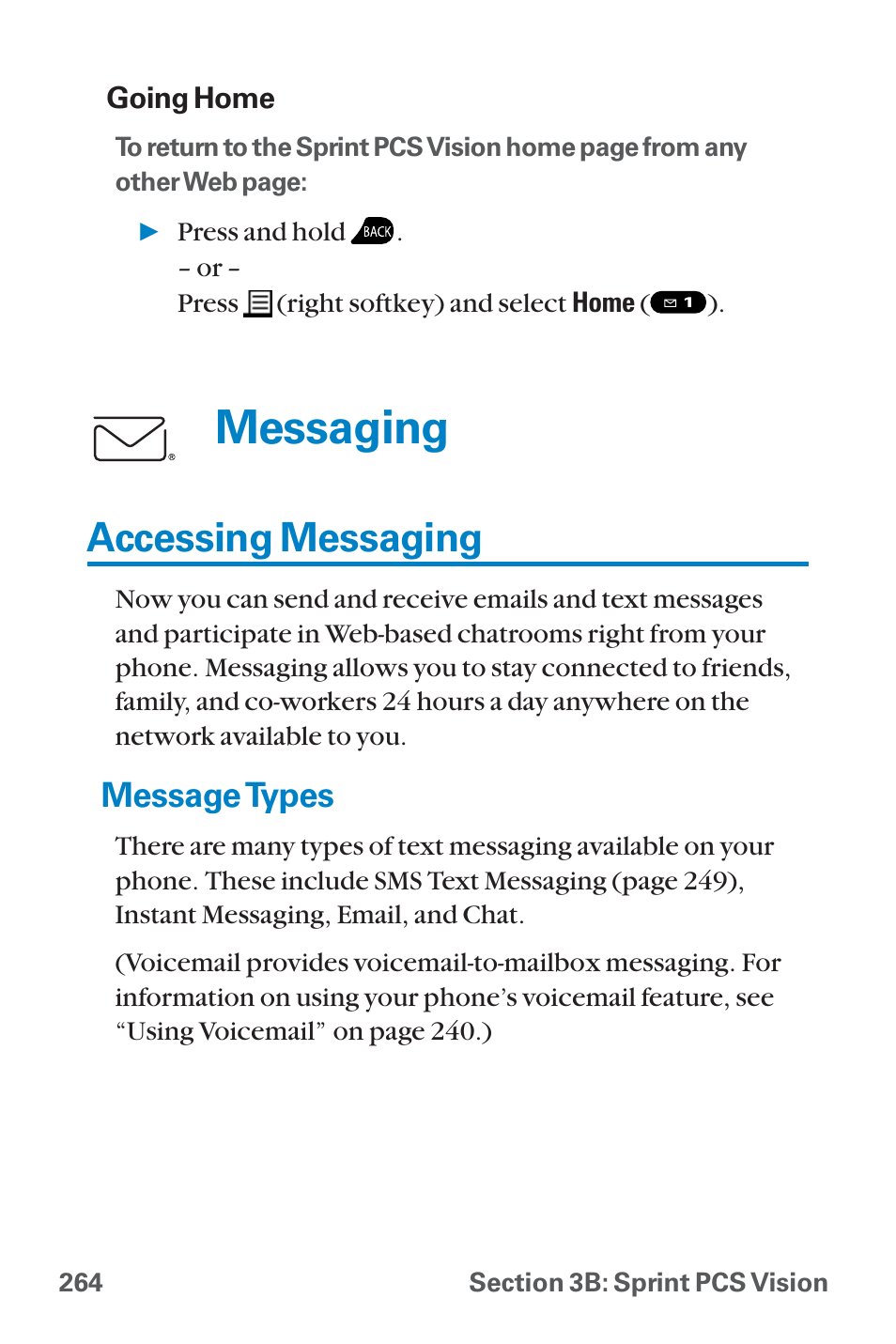 Accessing messaging, Message types, Es 264 and 249 | Messaging | Sanyo QWEST SCP-8300 User Manual | Page 280 / 310