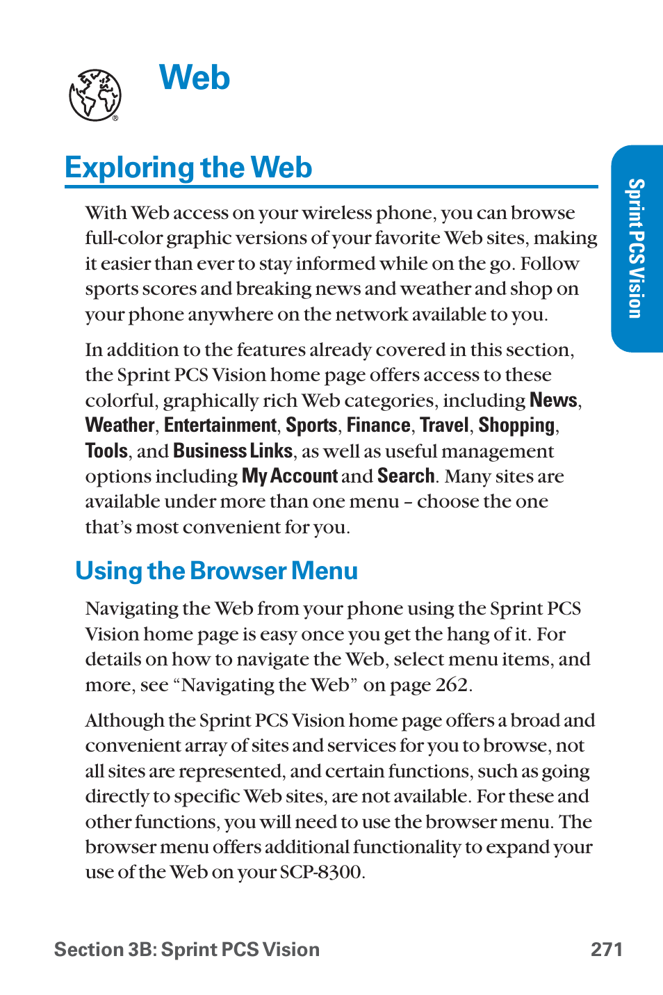 Exploring the web, Using the browser menu | Sanyo QWEST SCP-8300 User Manual | Page 287 / 310