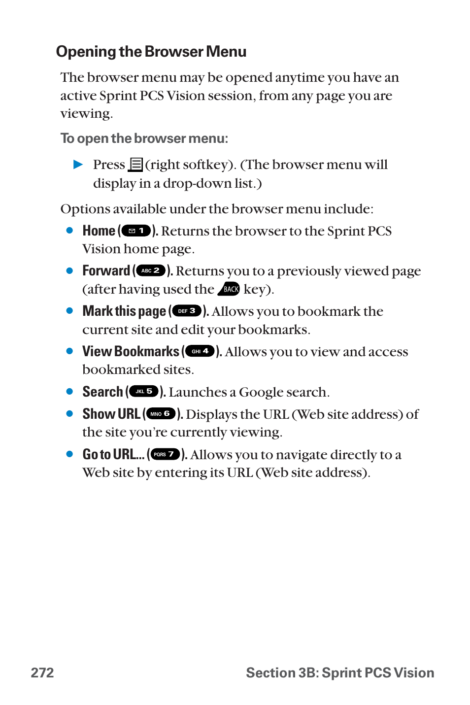 Opening the browser menu, Search ( ). launches a google search | Sanyo QWEST SCP-8300 User Manual | Page 288 / 310