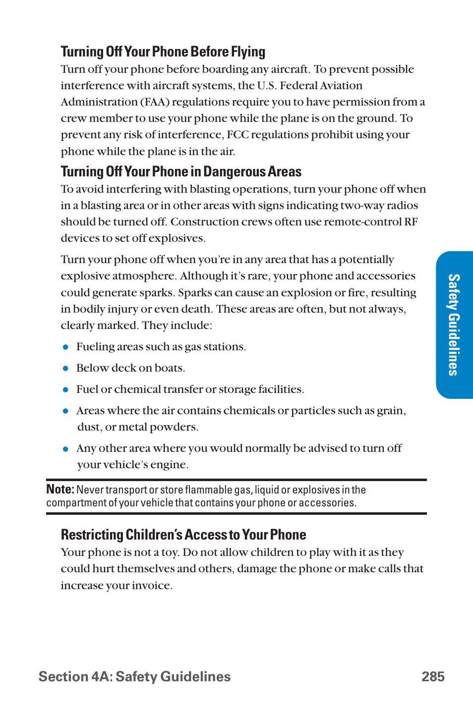 Turning off your phone before flying, Turning off your phone in dangerous areas, Restricting children’s access to your phone | Safety guidelines | Sanyo QWEST SCP-8300 User Manual | Page 301 / 310