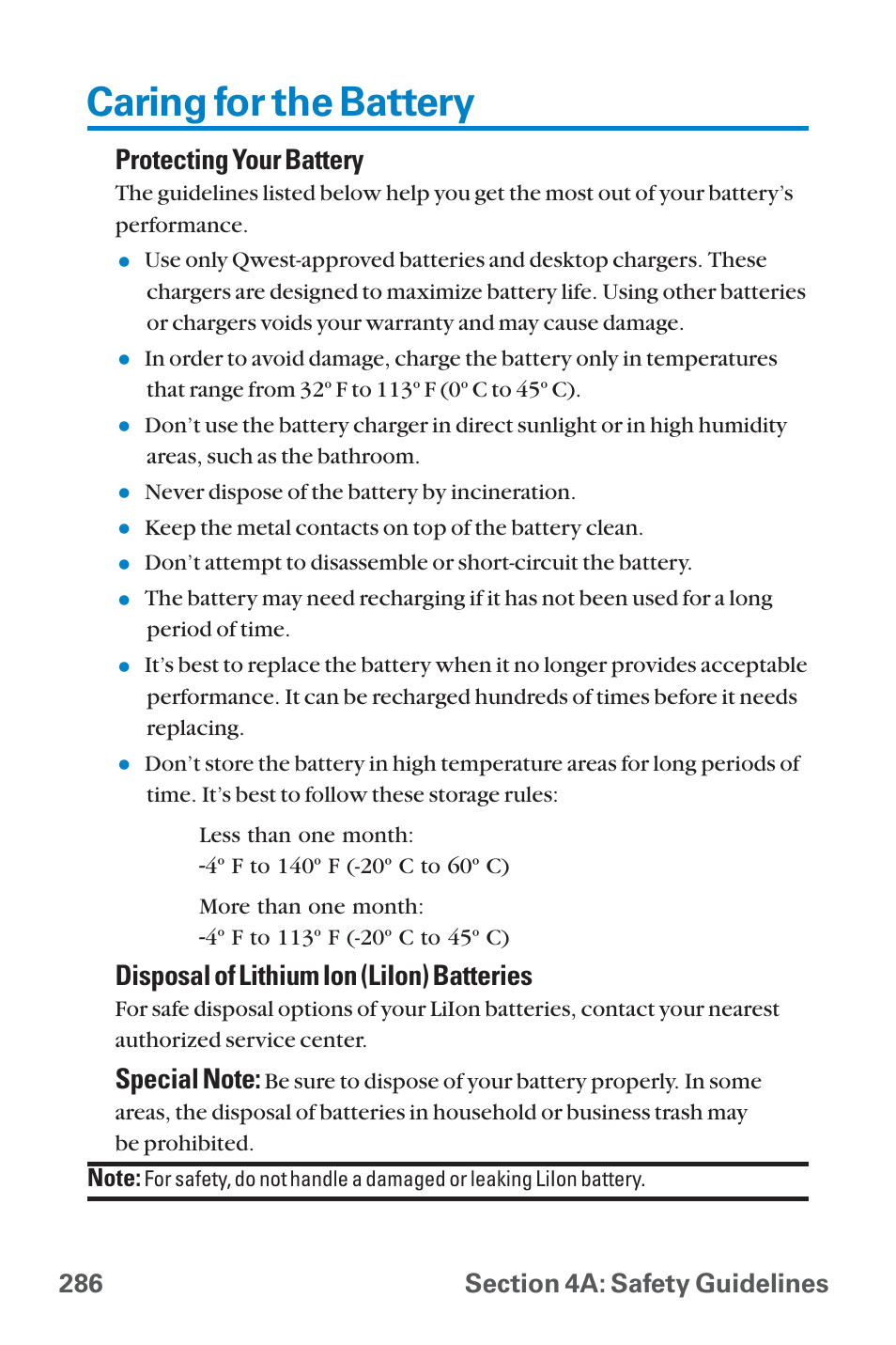 Caring for the battery, Protecting your battery, Disposal of lithium ion (liion) batteries | Sanyo QWEST SCP-8300 User Manual | Page 302 / 310