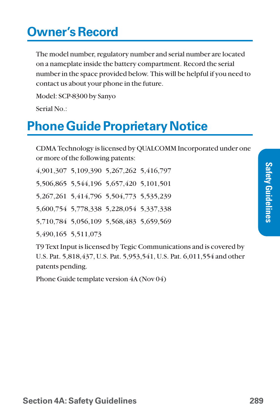 Owner’s record, Phone guide proprietary notice | Sanyo QWEST SCP-8300 User Manual | Page 305 / 310