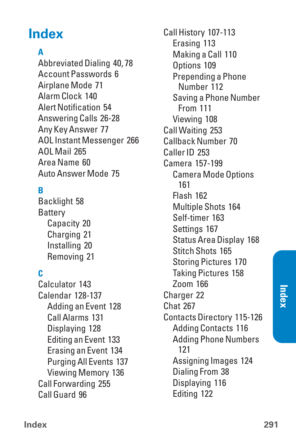 Index | Sanyo QWEST SCP-8300 User Manual | Page 307 / 310