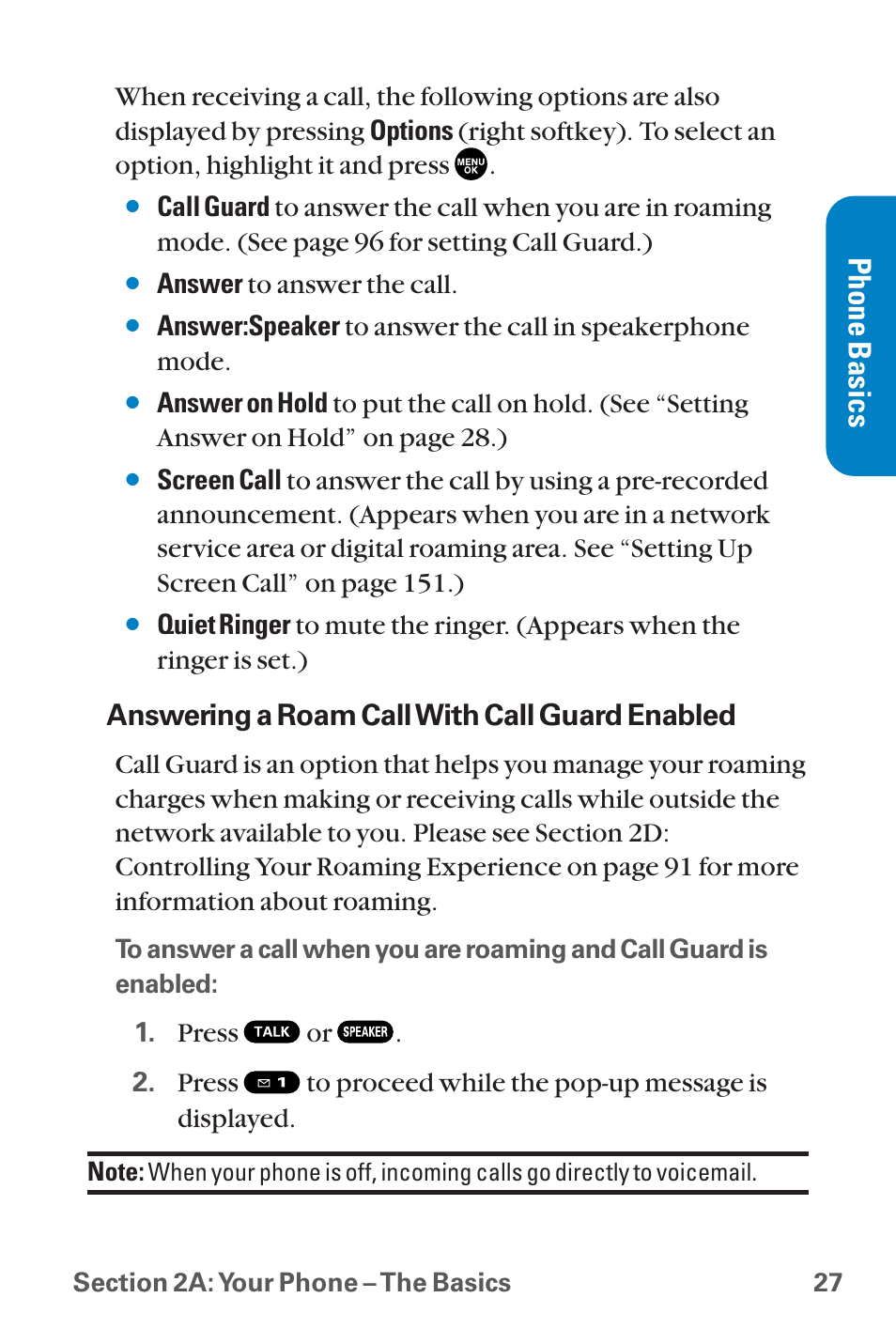 Phone basics, Answering a roam call with call guard enabled | Sanyo QWEST SCP-8300 User Manual | Page 43 / 310
