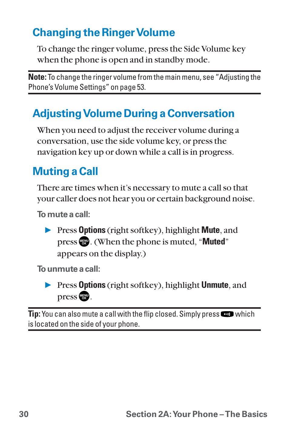 Changing the ringer volume, Adjusting volume during a co, Muting a call | Adjusting volume during a conversation | Sanyo QWEST SCP-8300 User Manual | Page 46 / 310
