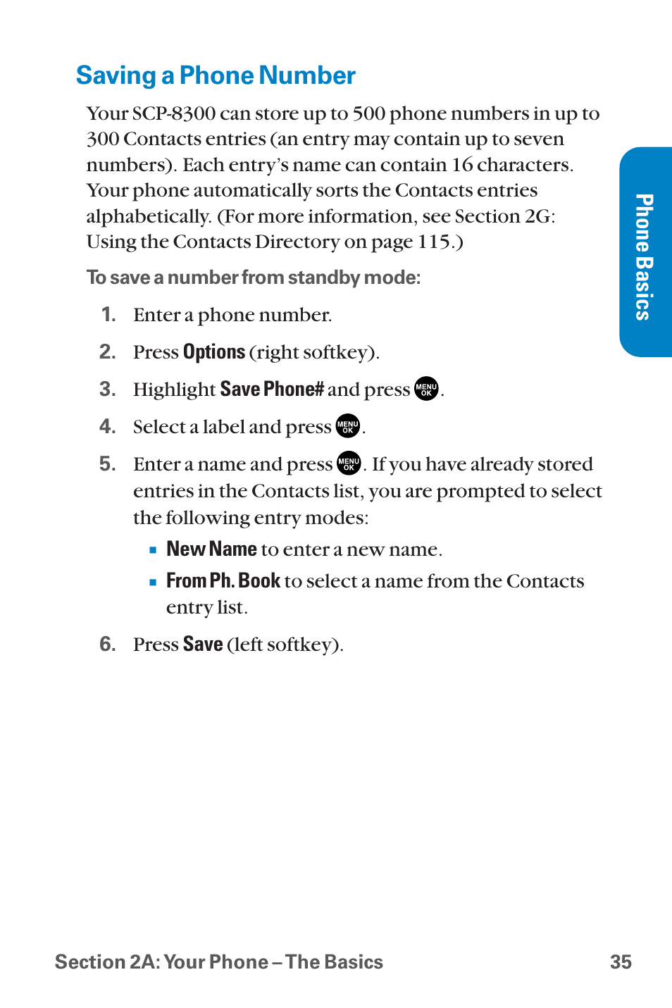 Saving a phone number, Phone basics | Sanyo QWEST SCP-8300 User Manual | Page 51 / 310