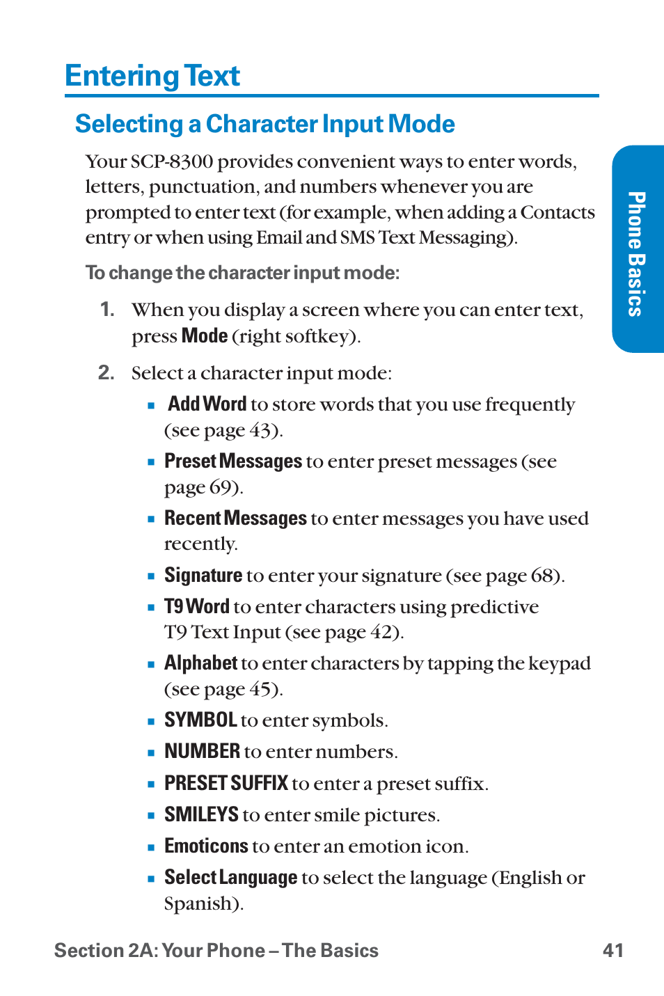 Entering text, Selecting a character input, Selecting a character input mode | Phone basics | Sanyo QWEST SCP-8300 User Manual | Page 57 / 310