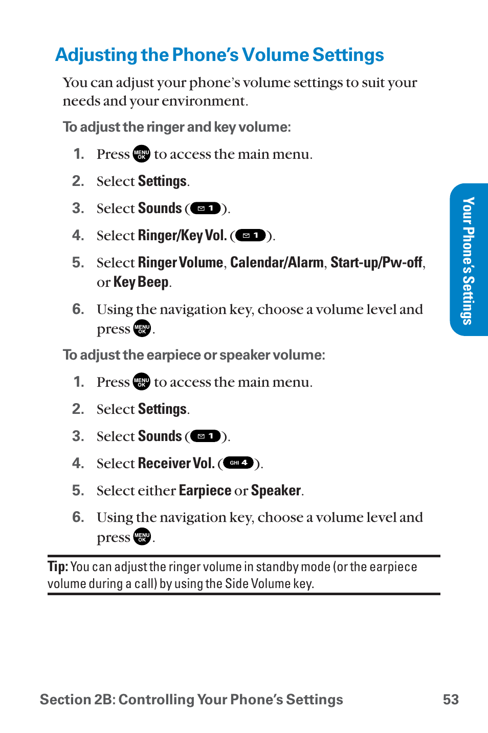 Adjusting the phone’s volume, Adjusting the phone’s volume settings | Sanyo QWEST SCP-8300 User Manual | Page 69 / 310