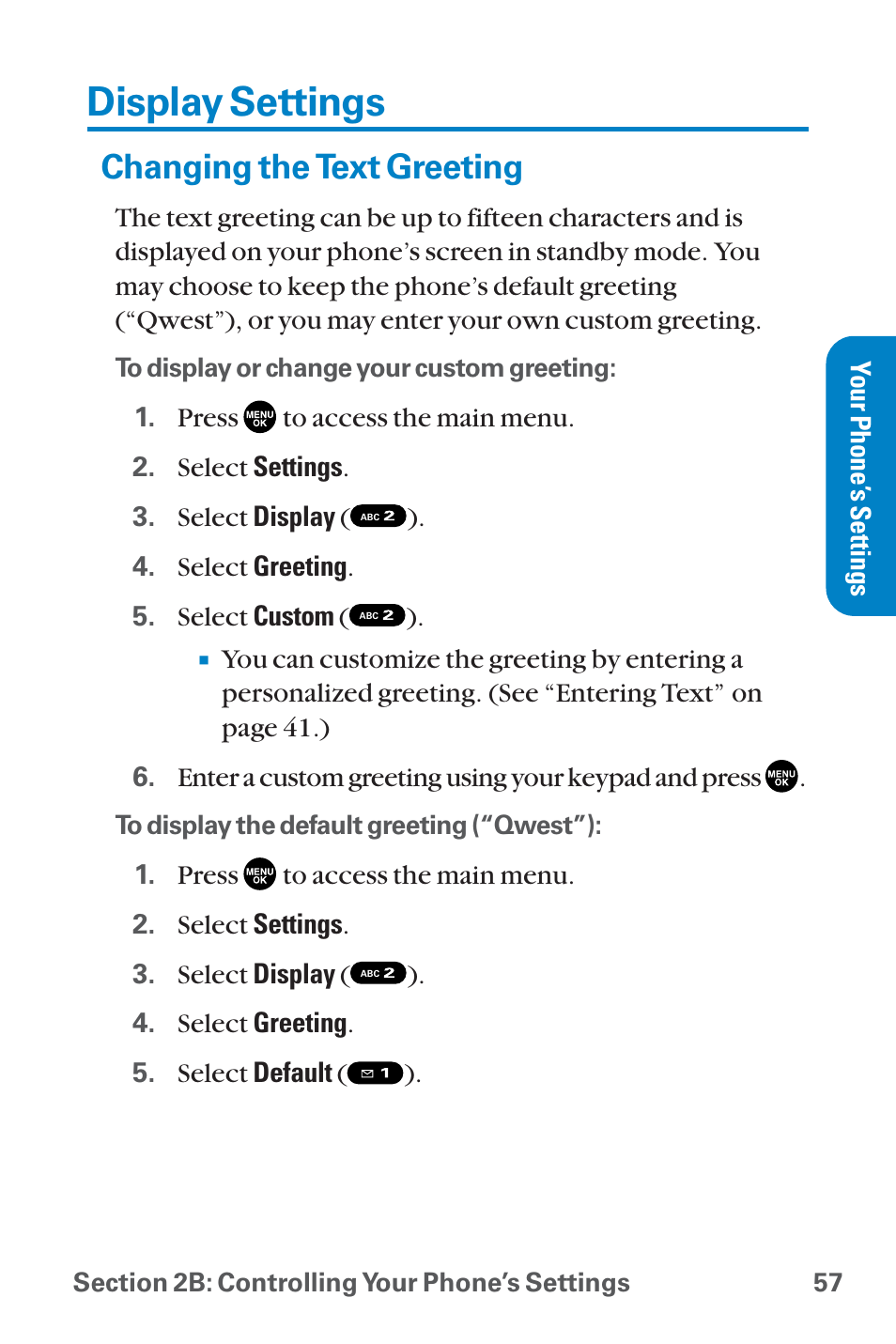 Display settings, Changing the text greeting | Sanyo QWEST SCP-8300 User Manual | Page 73 / 310