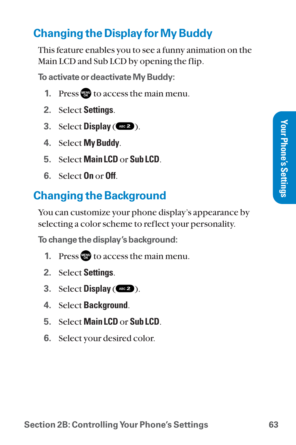 Changing the display for my, Changing the background, Changing the display for my buddy | Sanyo QWEST SCP-8300 User Manual | Page 79 / 310