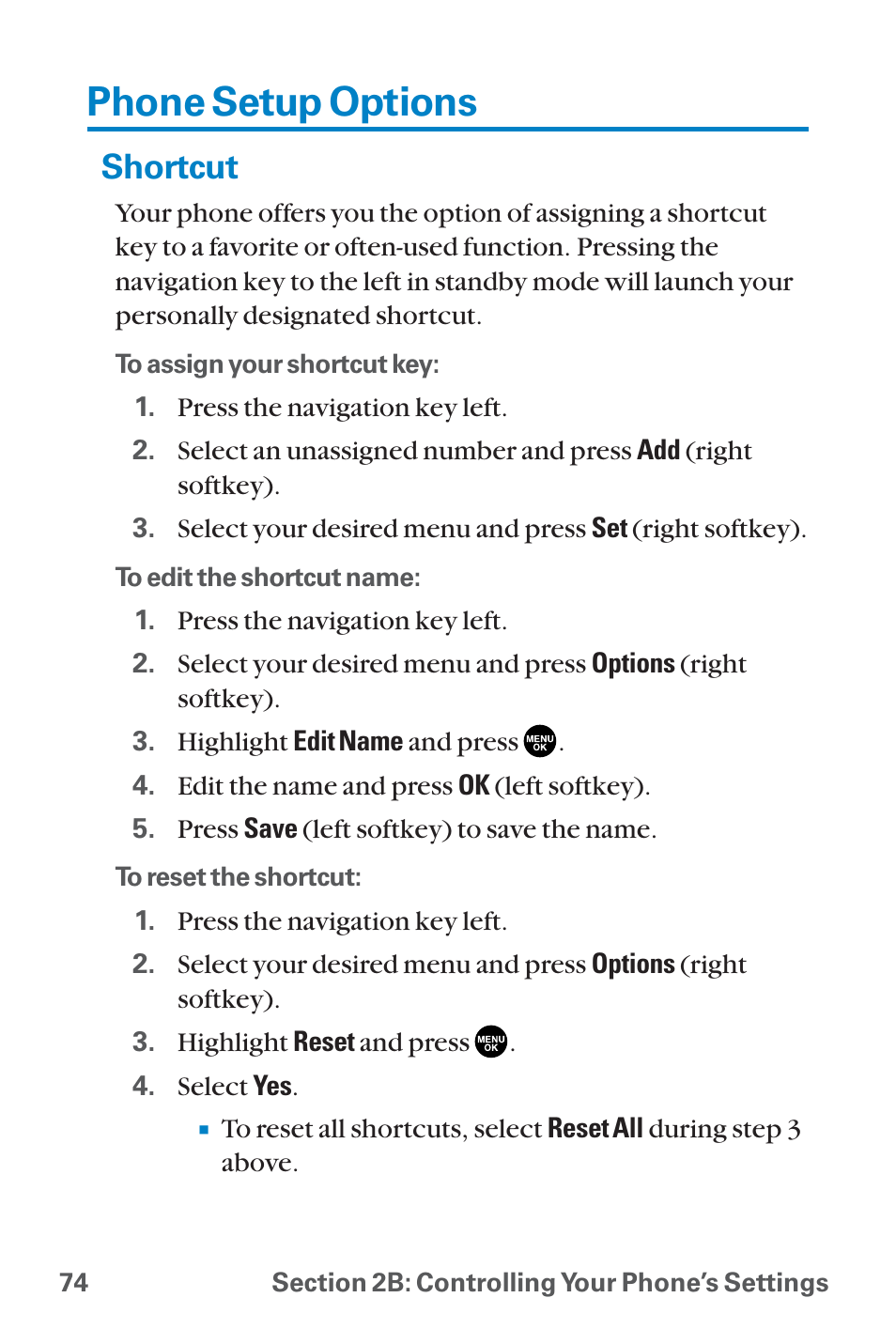 Phone setup options, Shortcut | Sanyo QWEST SCP-8300 User Manual | Page 90 / 310