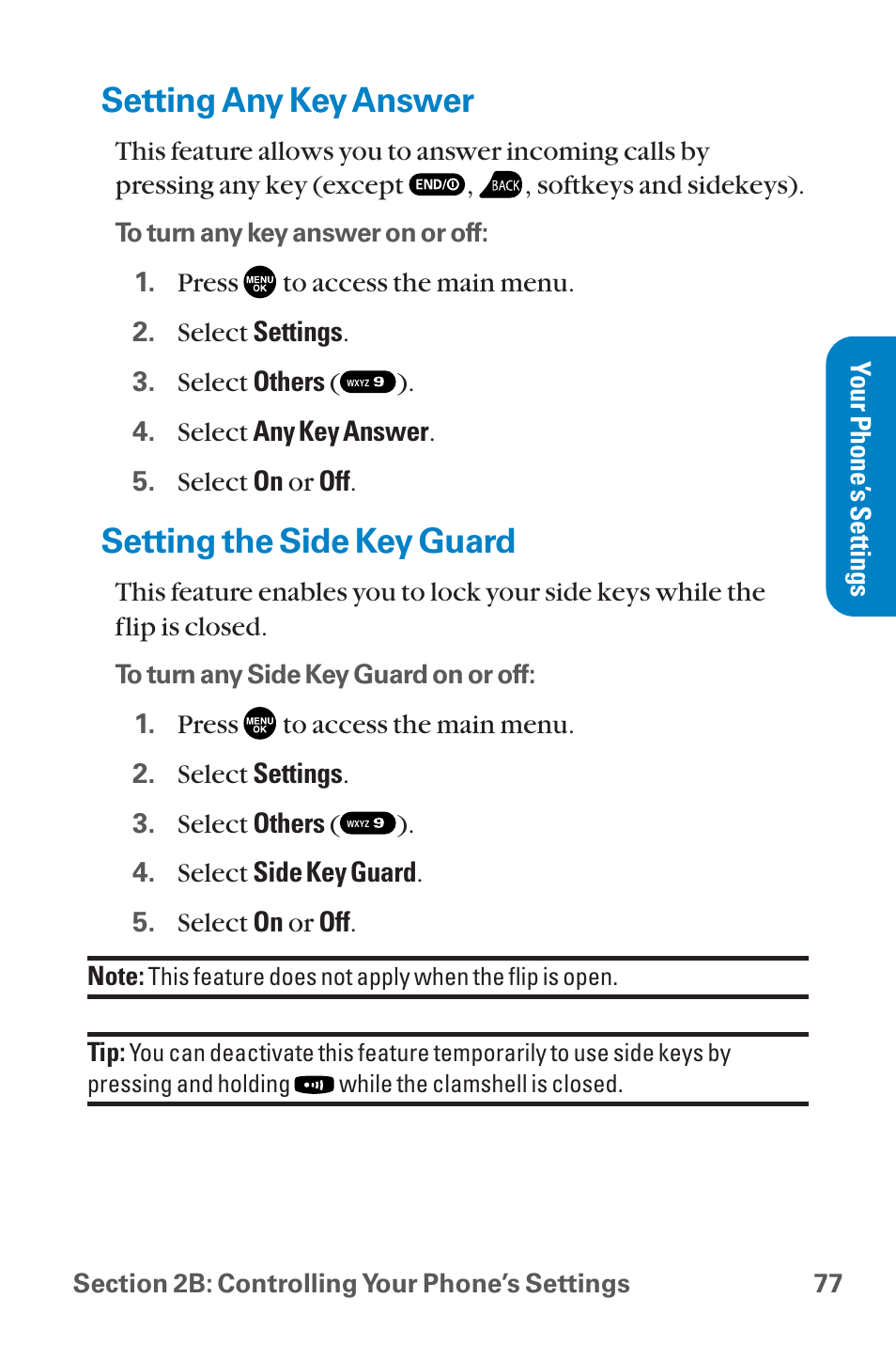 Setting any key answer, Setting the side key guard | Sanyo QWEST SCP-8300 User Manual | Page 93 / 310