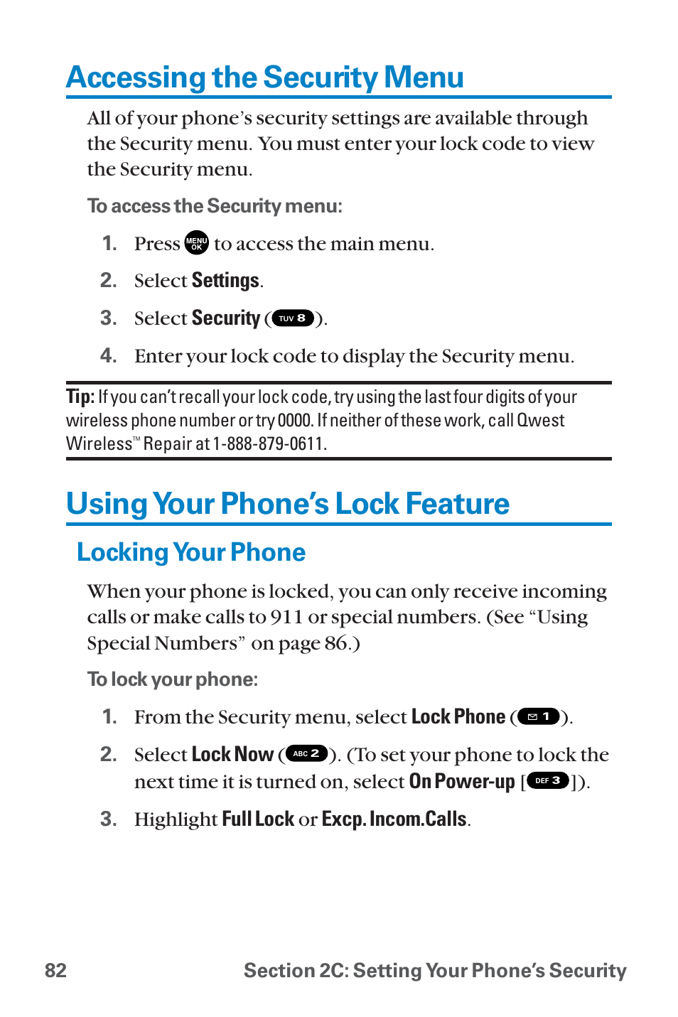Accessing the security menu, Using your phone’s lock feature, Locking your phone | Sanyo QWEST SCP-8300 User Manual | Page 98 / 310
