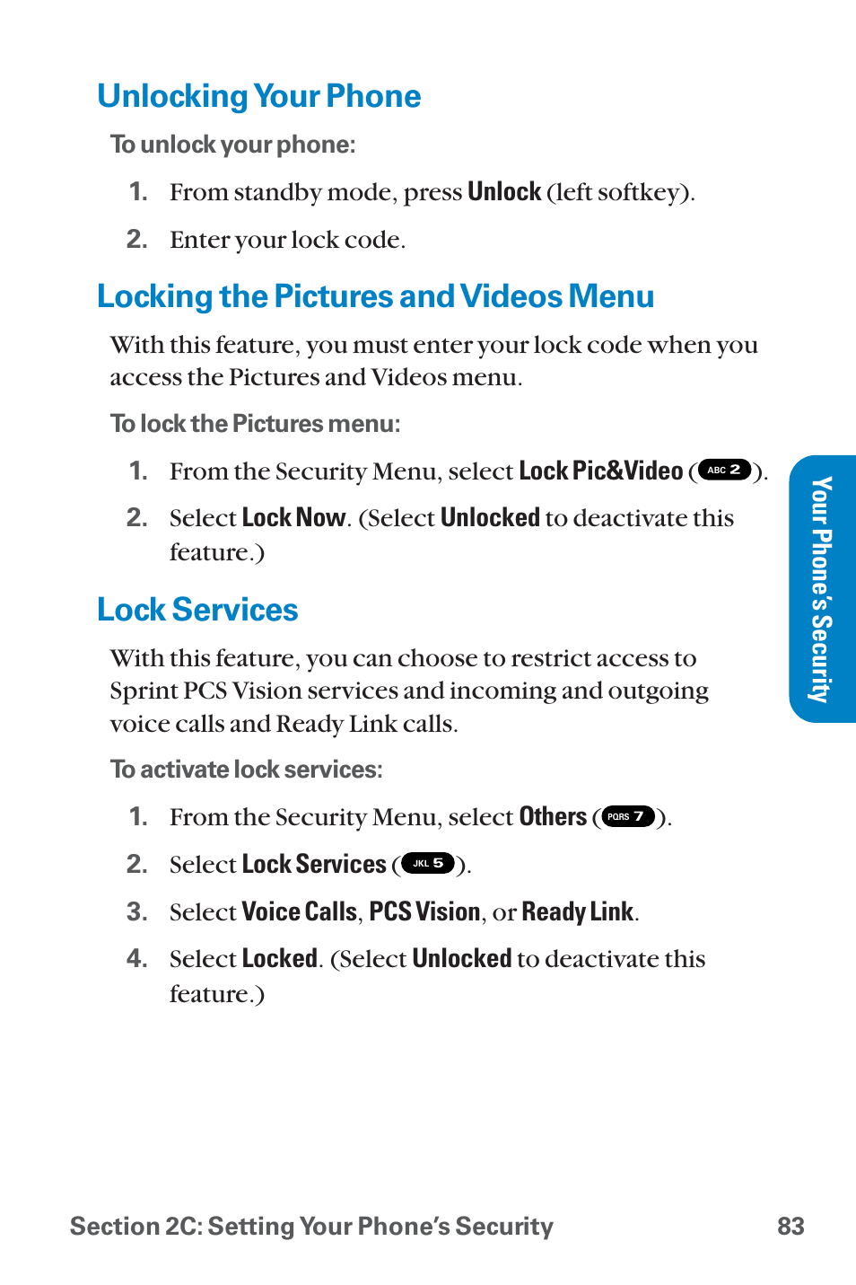 Unlocking your phone, Locking the pictures and vid, Lock services | Locking the pictures and videos menu | Sanyo QWEST SCP-8300 User Manual | Page 99 / 310