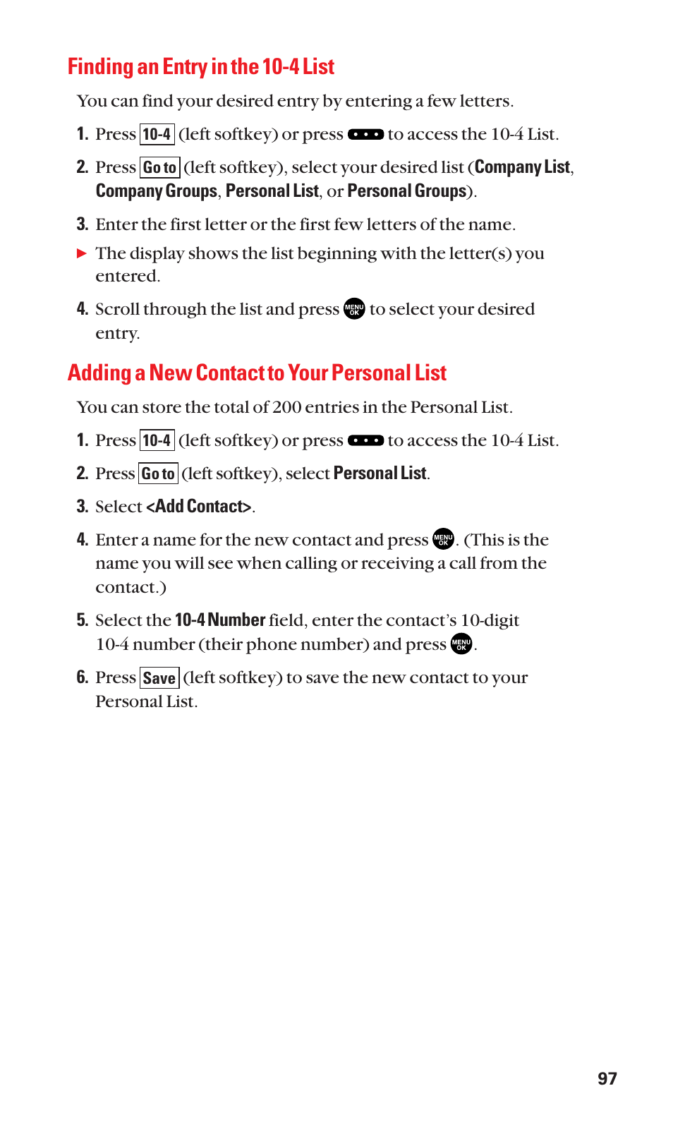 Finding an entry in the 10-4 list, Adding a new contact to your personal list | Sanyo SCP-3100 User Manual | Page 105 / 157