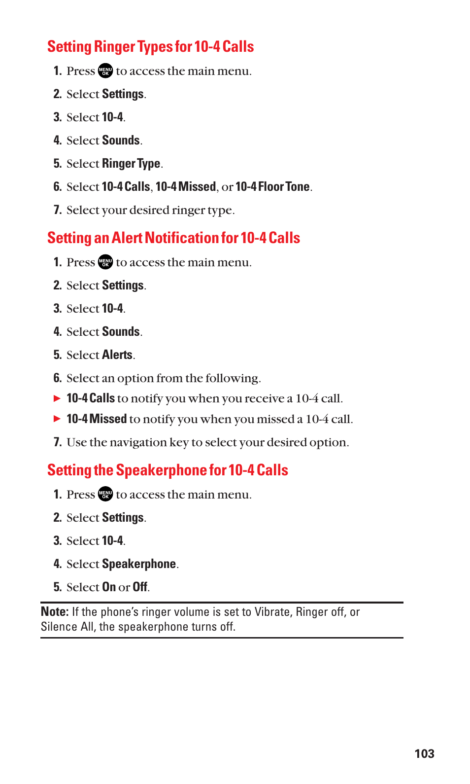 Setting ringer types for 10-4 calls, Setting an alert notification for 10-4 calls, Setting the speakerphone for 10-4 calls | Sanyo SCP-3100 User Manual | Page 111 / 157