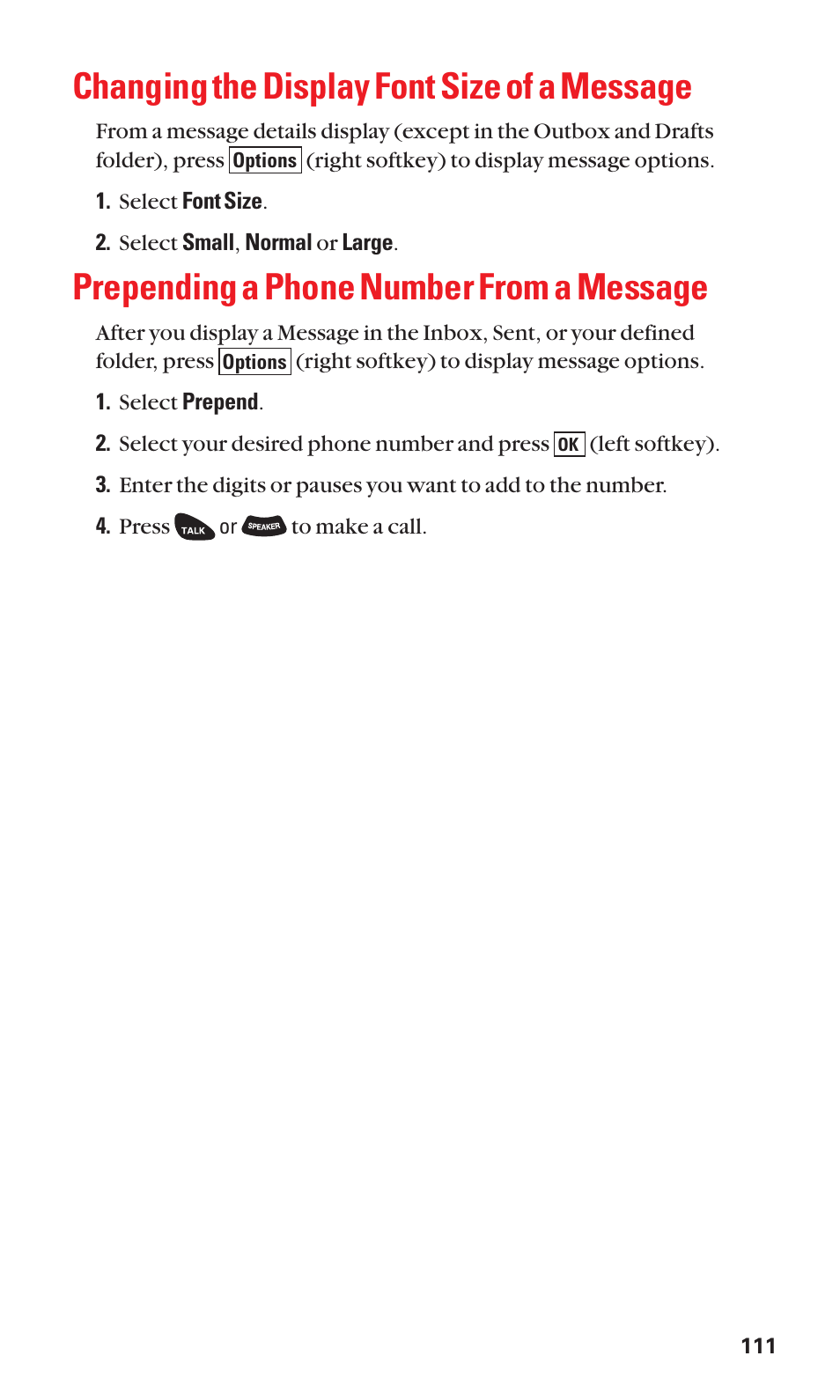 Changing the display font size of a message, Prepending a phone number from a message | Sanyo SCP-3100 User Manual | Page 119 / 157
