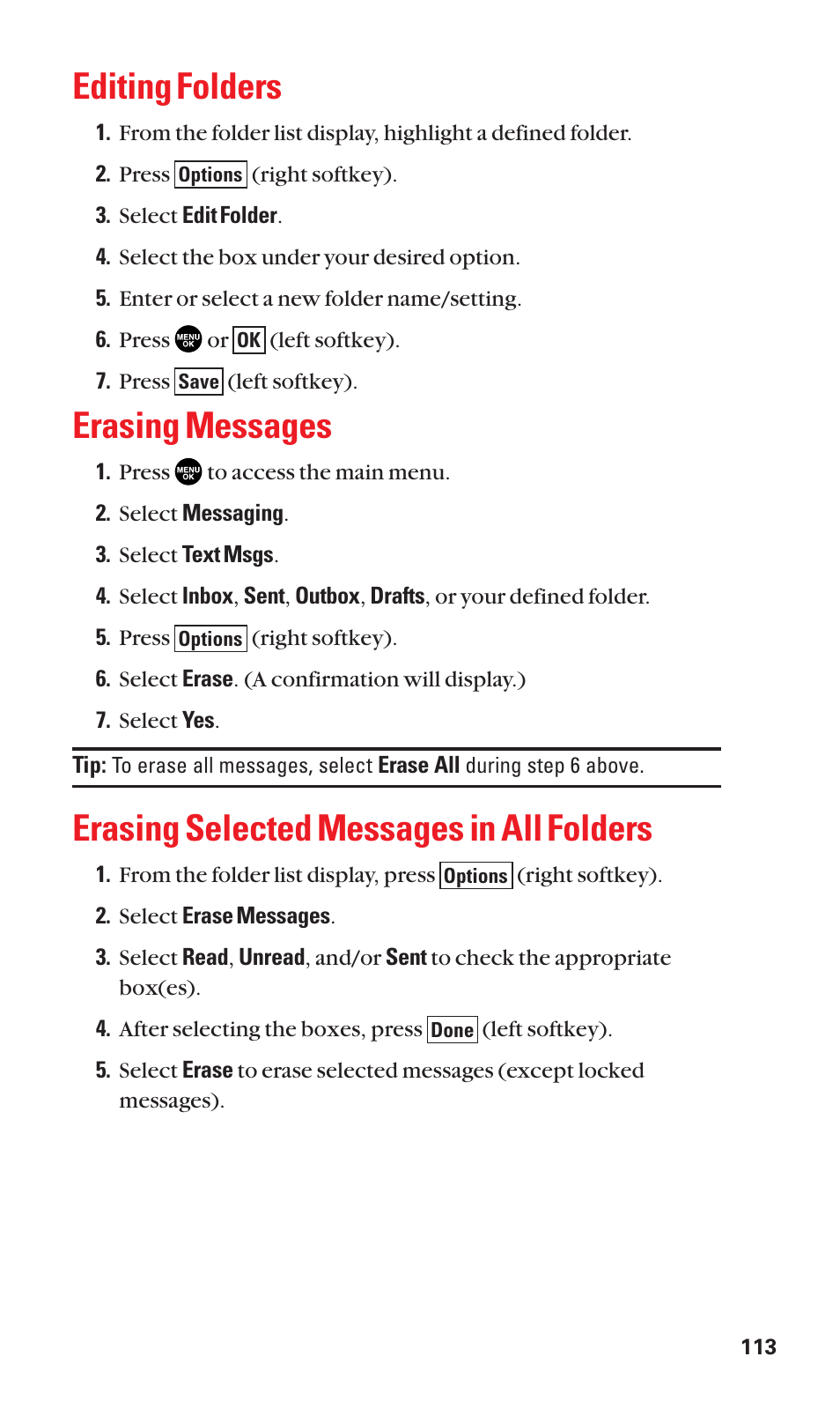 Editing folders, Erasing messages, Erasing selected messages in all folders | Sanyo SCP-3100 User Manual | Page 121 / 157