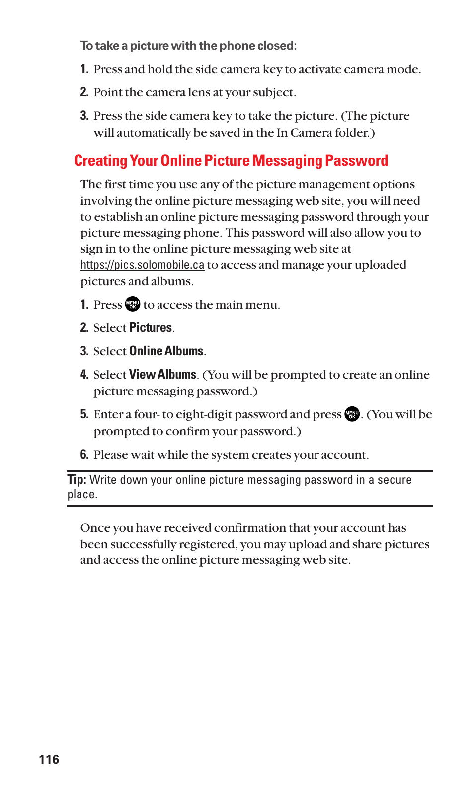 Creating your online picture messaging password | Sanyo SCP-3100 User Manual | Page 124 / 157