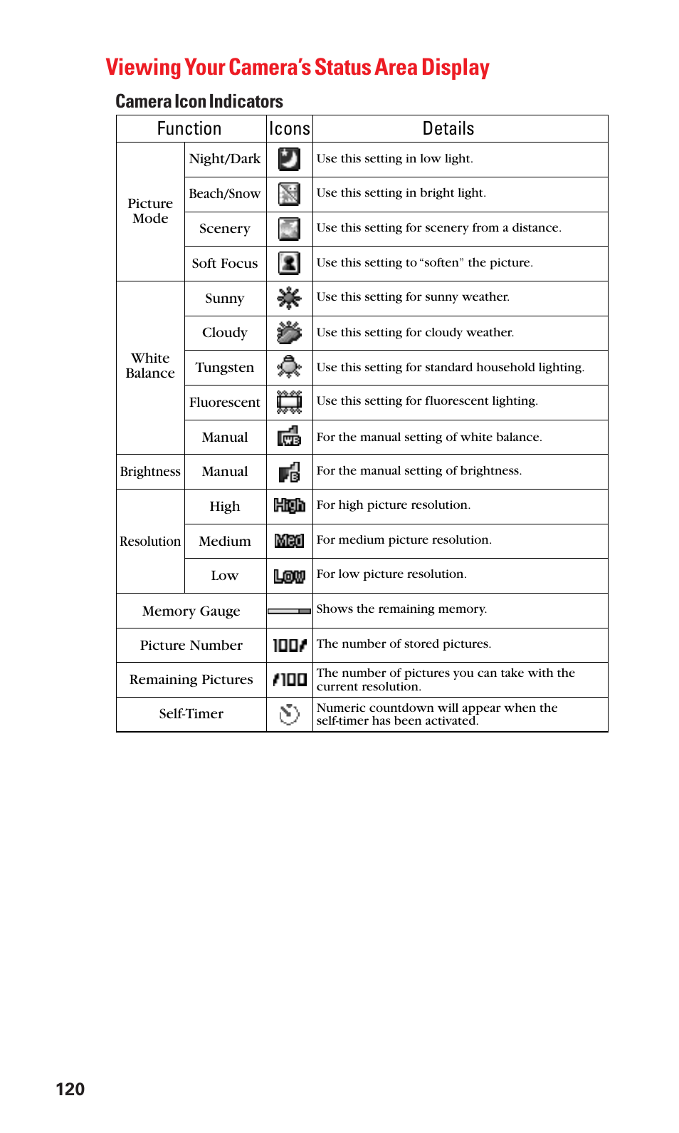 Viewing your camera’s status area display, Camera icon indicators function, Icons details | Sanyo SCP-3100 User Manual | Page 128 / 157