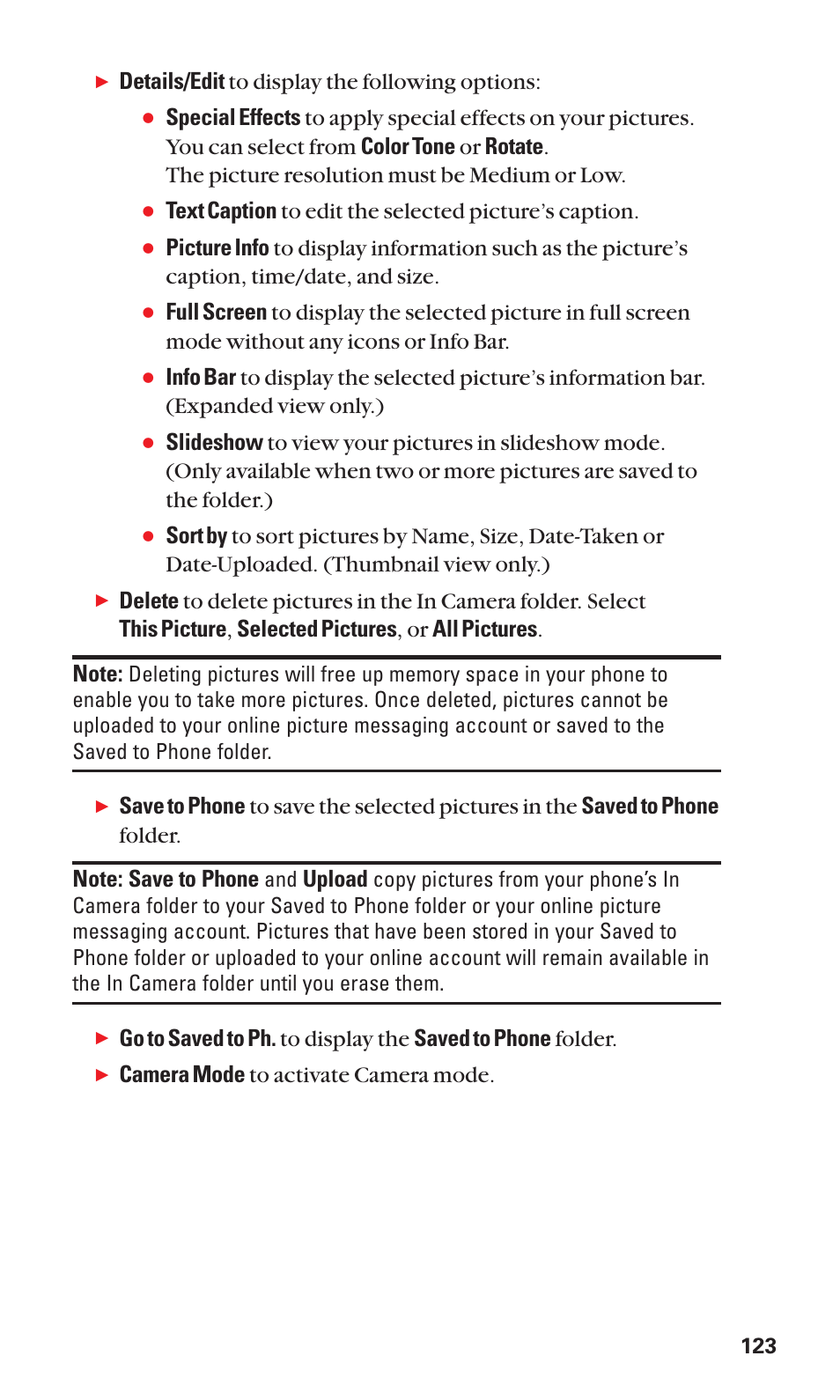 Details/edit to display the following options, Upload, Camera mode to activate camera mode | Sanyo SCP-3100 User Manual | Page 131 / 157