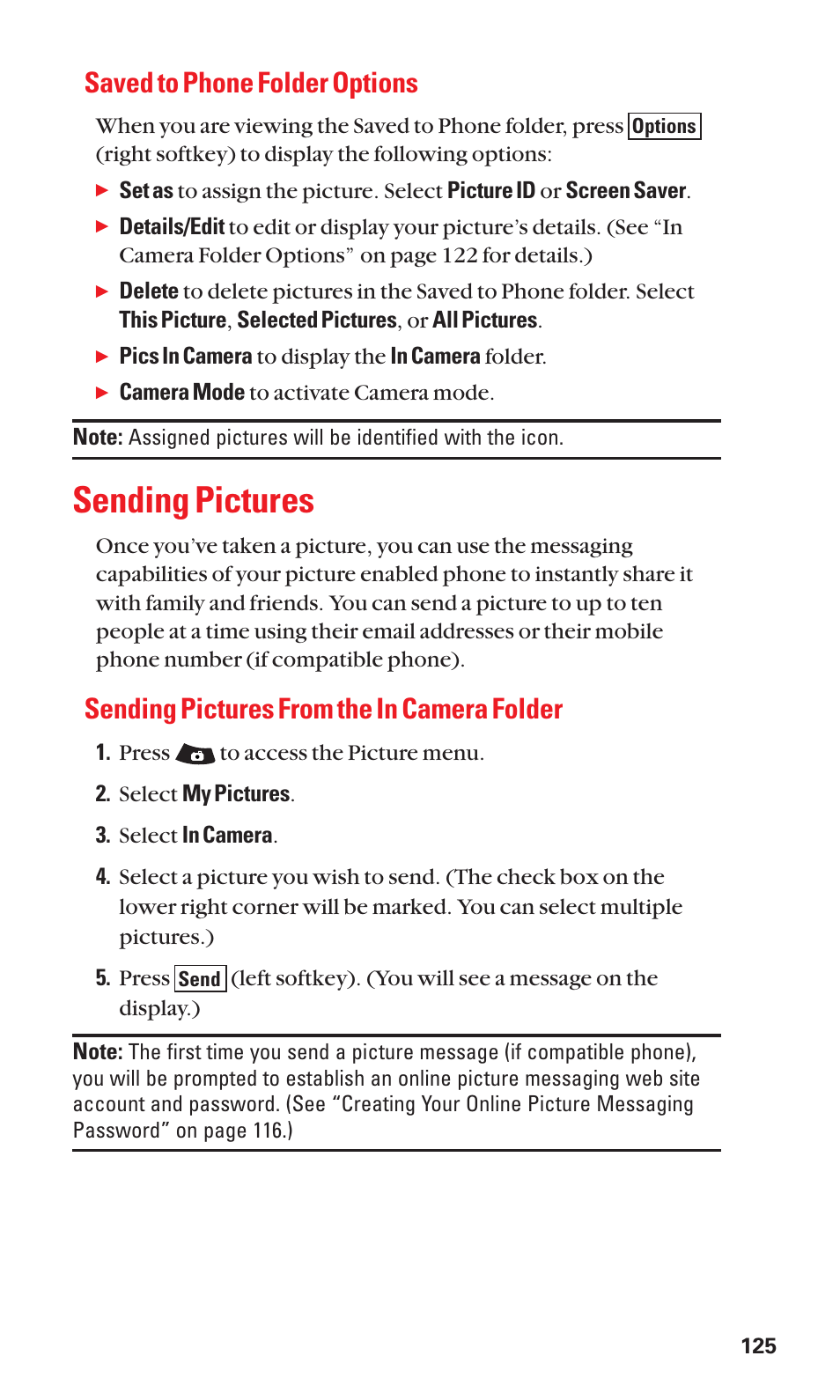 Saved to phone folder options, Sending pictures, Sending pictures from the in camera folder | Or 125 f | Sanyo SCP-3100 User Manual | Page 133 / 157