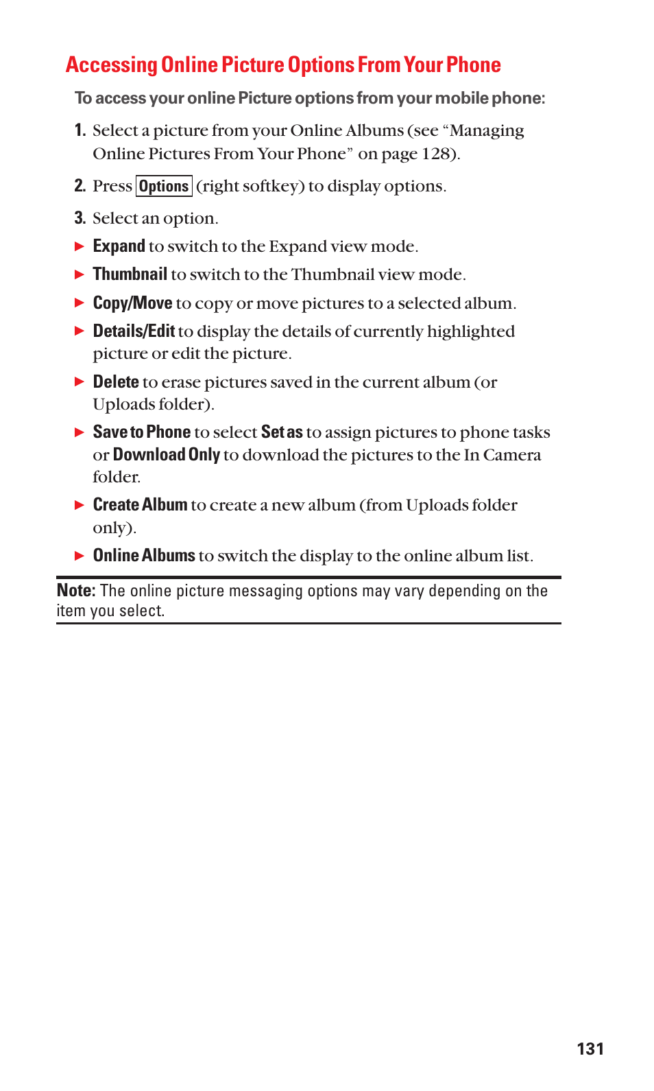 Accessing online picture options from your phone, Expand to switch to the expand view mode, Thumbnail to switch to the thumbnail view mode | Sanyo SCP-3100 User Manual | Page 139 / 157