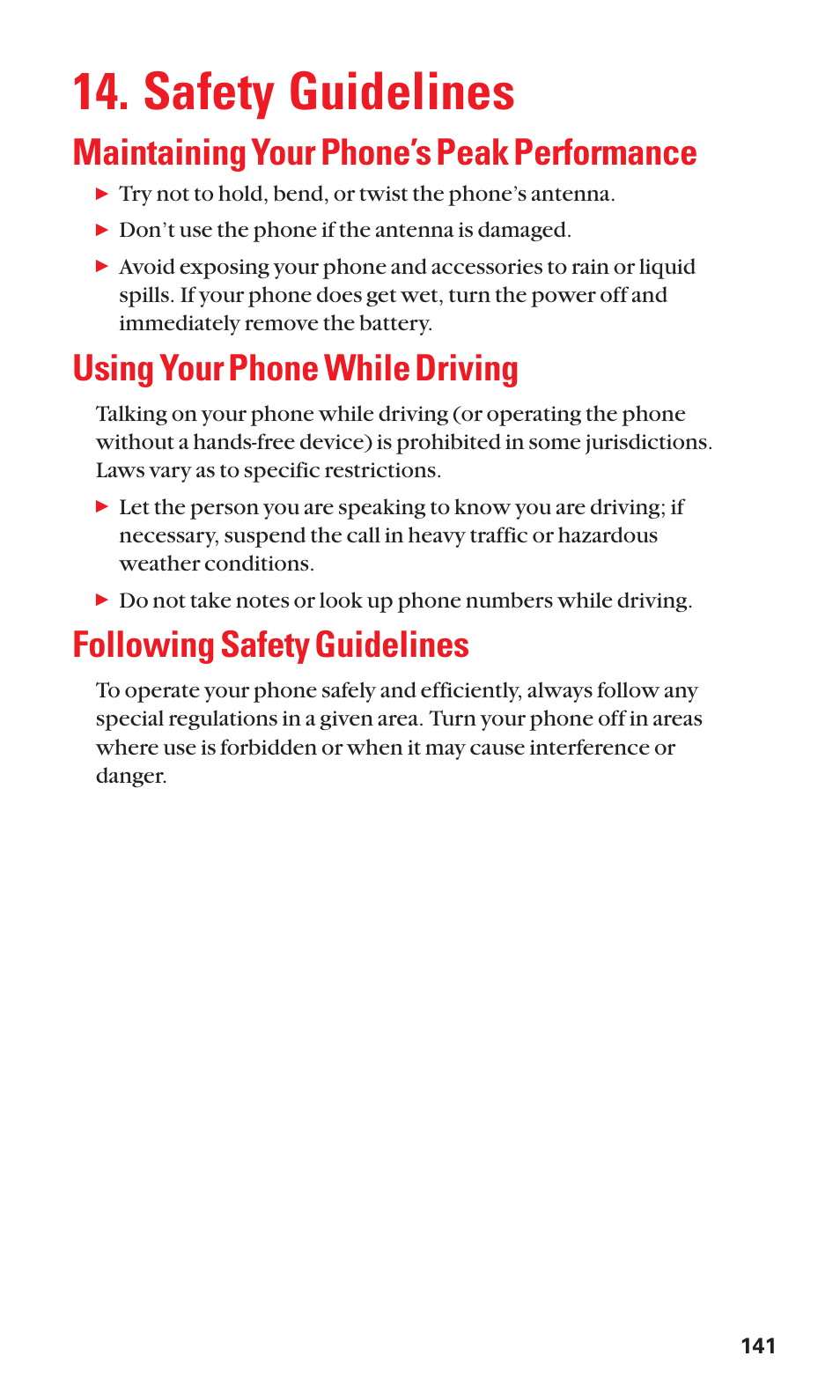 Safety guidelines, Maintaining your phone’s peak performance, Using your phone while driving | Following safety guidelines | Sanyo SCP-3100 User Manual | Page 149 / 157