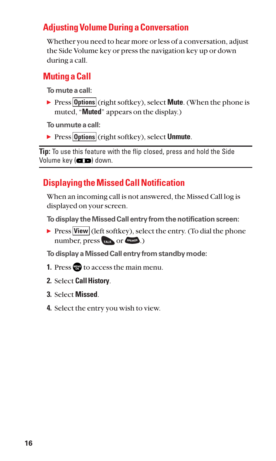 Adjusting volume during a conversation, Muting a call, Displaying the missed call notification | Sanyo SCP-3100 User Manual | Page 24 / 157